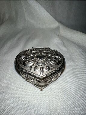 Ornate Japan Silver Colored Heart Trinket Box - Decorative Home Accent